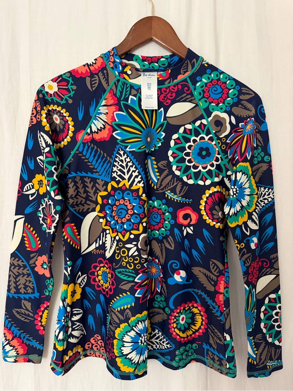 Boden Swim Rash Guard Colorful Multicolor Floral Print Long Sleeve -Navy - Sz 10